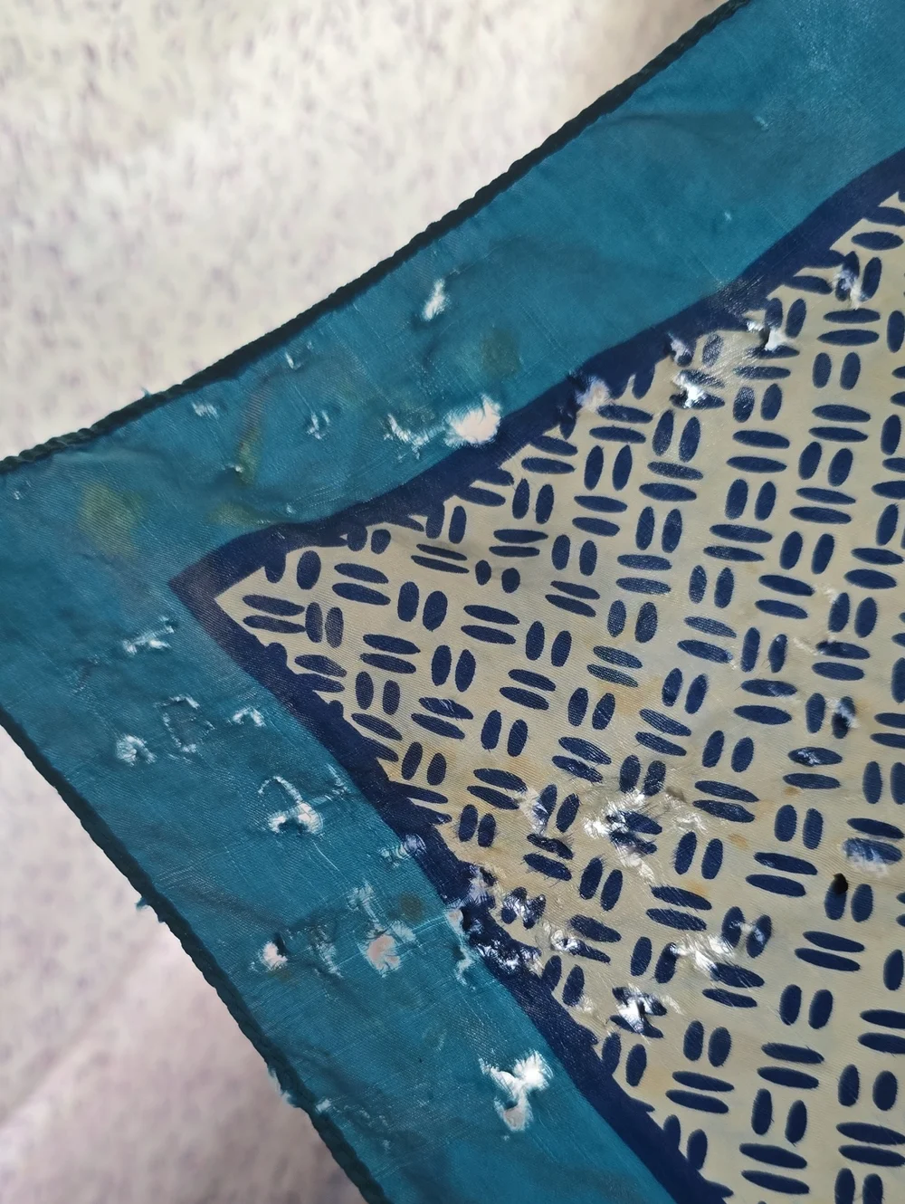 Vintage 60s 70s  Large Silk Scarf *Damaged - Abstract Design Blue Purple White